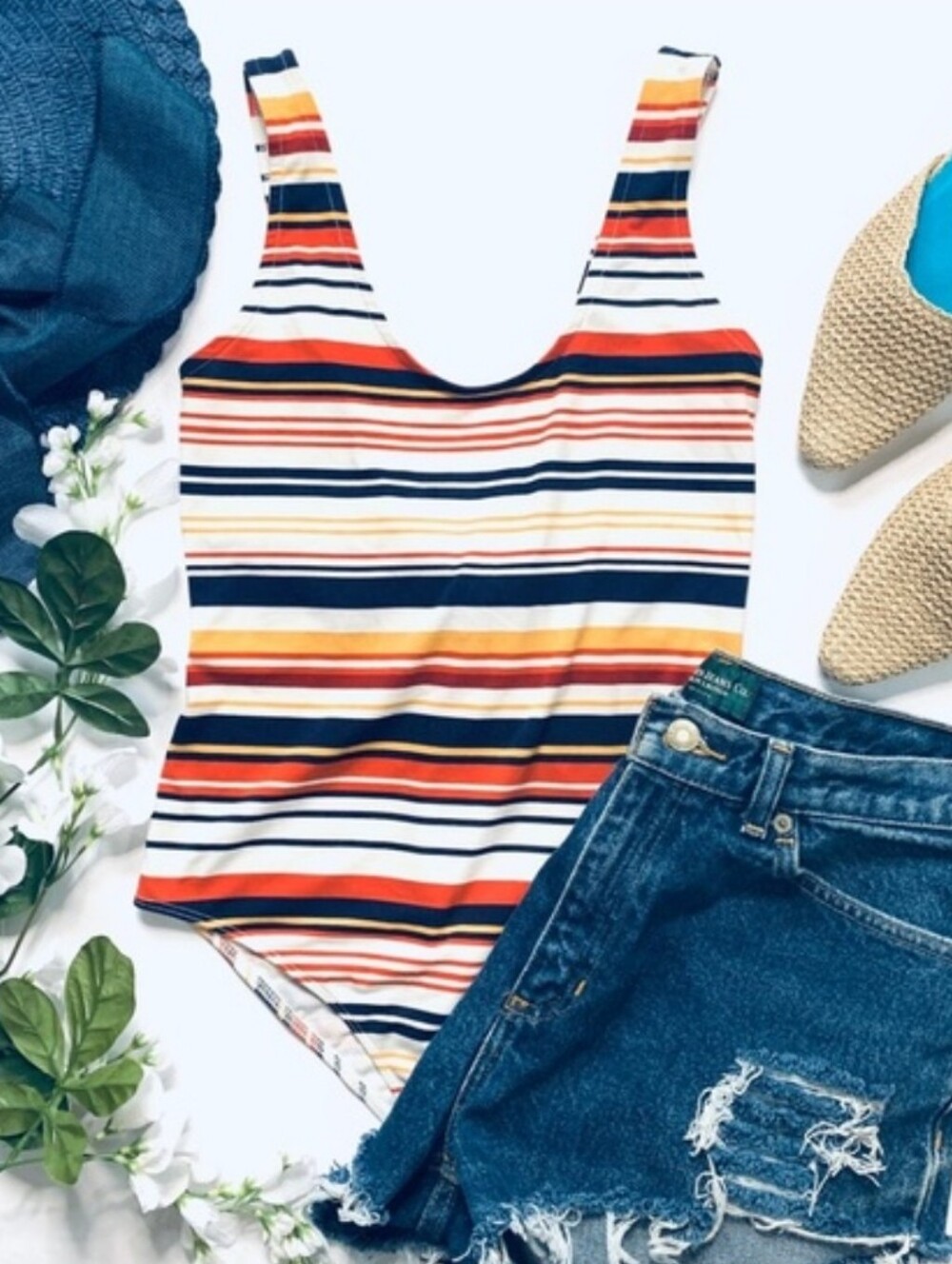Forever 21 Striped One-Piece Bodysuit - Red, Yellow, White, Blue